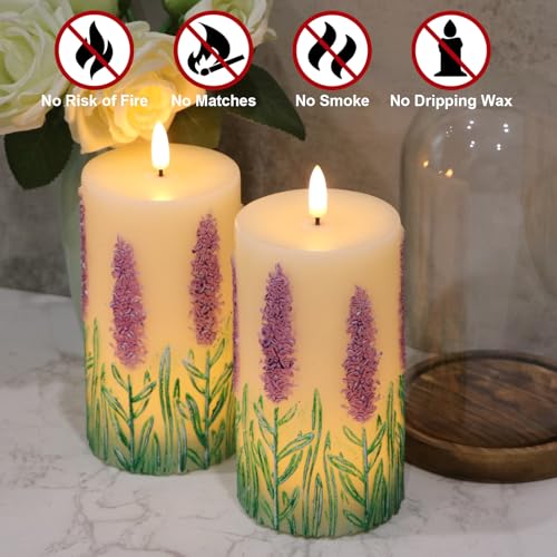 Image of Lavender Flameless Candles Battery Operated with 6 Hour Timer 3D Wick Flickering LED Pillar Candles Real Wax Hand-Painted Dinner Christmas Holiday Decor(2 Pack, 3 inch D x 6.5 inch H)