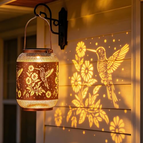 Image of Solar Lantern Outdoor Hanging Solar Garden Light Gifts for Mom Grandma Women,Waterproof Metal Decorative Lantern, Warm White Solar Lights for Patio Yard (Hummingbird)