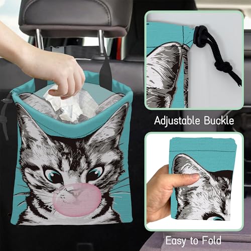Image of Cute Cat Car Trash Bag,Kitten Blow Bubble Gum Hanging Drawstring Car Garbage Bag,Waterproof Canvas Car Back Seat Organizer with Adjustable Buckle,for Vehicles,SUVs,Camping,Road Trips