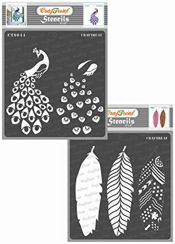 CrafTreat Reusable Layered Stencil for Painting on Wood, Canvas, Paper, Floor, Wall and Tile -Peacock and Feathers-2 Pcs - 6x6 Inches Each - Peacock Feather Stencil for Craft-Bird Stencils for