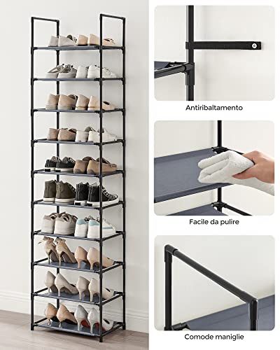 Songmics Scarpiera, 10 Ripiani, Scaffale Portascarpe, Organizzatore Per Scarpe, 28 X 45 X 173 Cm, Telaio In Metallo, Ripiani In Tessuto, Ingresso Corridoio Camera Da Letto, Grigio LSH010G01 - 7