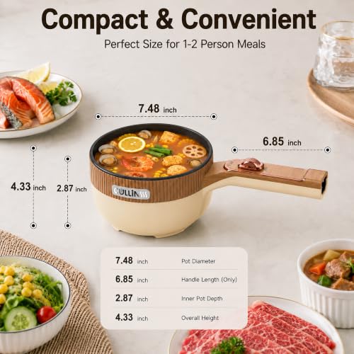 Cullinsss Hot Pot Electric, 1.5L Portable Electric Pot Frying Sauté Pan Multifunctional Cooker for Ramen Steak Soup with Adjustable Power for Dorm Home Travel (Silicone Spatula Included) — view 3