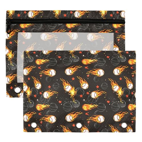 Sports Theme Ball Binder Pouches 3 Ring for Boys Girls School Office College Supplies Baseball Softball White Pencil Pouches Case Bag with Clear Window and Zipper 2 Pack