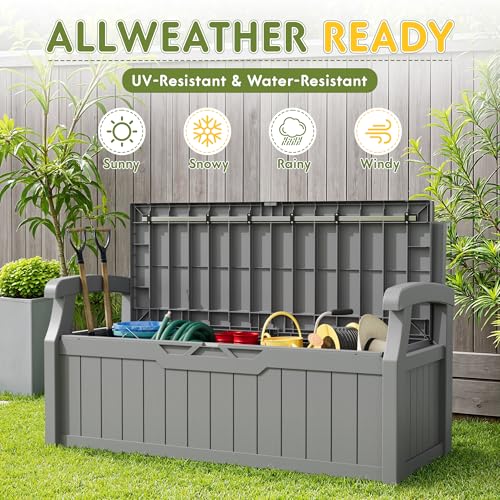 Image of Greesum 80 Gallon Storage Bench Outdoor Deck Box with Armrest, Grey