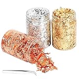 AirSMall 3Flaschen Imitation Gold Flocken Blattgold Gold und Kupfer Flakes Blattgoldflocken zum Basteln Vergoldungsflocken mit Pinzette für Harzschmuck Handwerk Nagelkunst (Rosegold+Gold+Silber)
