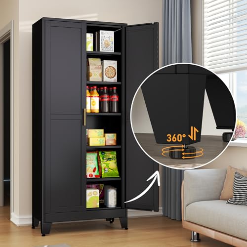 Image of Black Metal Storage Cabinet,75 inch Steel Cabinets for Home Office | Kitchen Pantry Storage Cabinet with Doors and 5 Adjustable Shelves, Tool Cabinets, for Office, Home, Garage, School