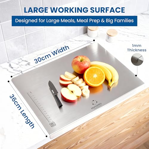Image of HomeWiz Large Steel Chopping Board for Kitchen - 100% Stainless Steel Cutting Board| Heavy Duty Chopping Board | Non-Porous Hygienic Surface for Vegetables, Meat & Fish, Rust-Resistant | 36 x 30 cm