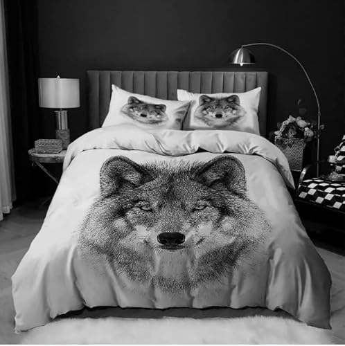掛け布団カバー クイーン ハイイロオオカミ 全開ファスナー 抗菌防臭 防ダニ 通気性 洗い替え速乾 ポリエステル 布団カバー (210x210cm) + 2 枕カバー(43x63cm)
