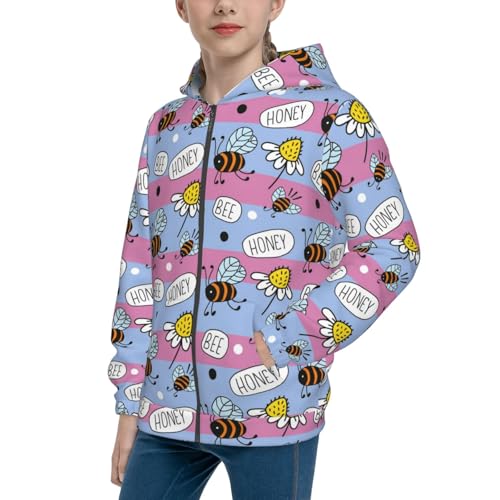 Bees And Daisies Striped Kids Pullover Hoodies Boys Zip Up Sweatshirts Girls Athletic Clothes with Pocket