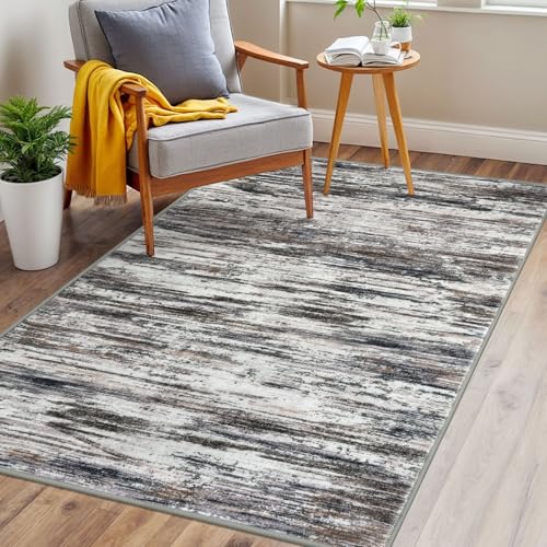 3x5 Grey Brown Modern Abstract Rug for Farmhouse, Super Soft Washable Rug with Non-Slip, Low-Pile Indoor Door Area Rug for Living Room Bedroom, Carpet with Non-Shedding