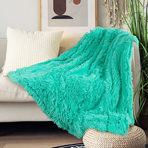 Tuddrom Decorative Extra Soft Faux Fur Blanket Queen Size 80" x 90",Solid Reversible Fuzzy Fluffy Plush Fleece Comfy Microfiber Fur Blanket for Couch Sofa Bed,Teal Blue - Thumbnail 6