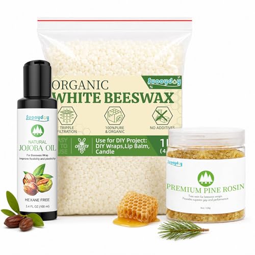 Suooydoy Beeswax Wrap DIY Kit 1 lb White Beeswax Pellets 8 oz Pine Resin & 3.4 fl oz Jojoba Oil Natural Pine Rosin Ingredients for Reusable Food Wraps Candle Making & DIY Crafts