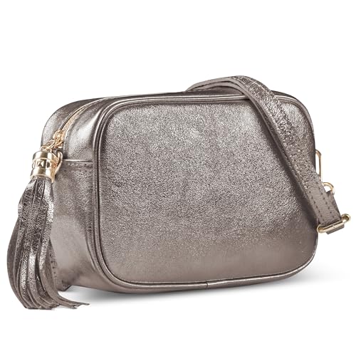 Image of Italian Genuine Metallic Suede Crossbody Bag for Women with Zipper | Small Leather Camera Purse Shoulder Handbag Pocketbook