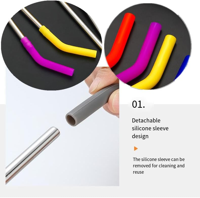 Miniatura 5 de 5 popotes de metal reutilizables de acero inoxidable + 2 cepillos de limpieza + 5 puntas de codos de paja de silicona + 5 tapas de popote adecuadas