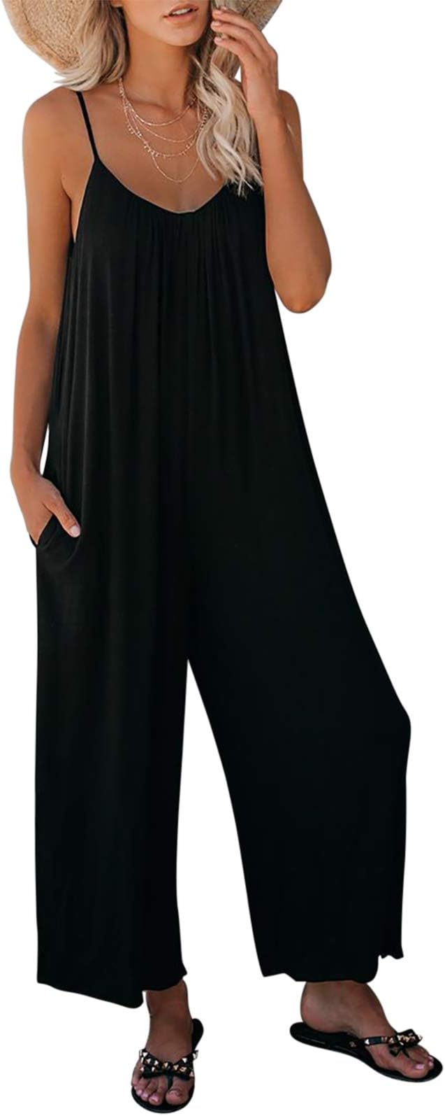 Women's Loose Sleeveless Jumpsuits Adjustable Spaghetti Strap Stretchy Long Pant Romper Jumpsuit with Pockets