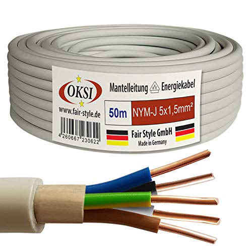 OKSI 50m NYM-J 5x1,5 mm² Mantelleitung Feuchtraumkabel Elektrokabel Kupfer Made in Germany