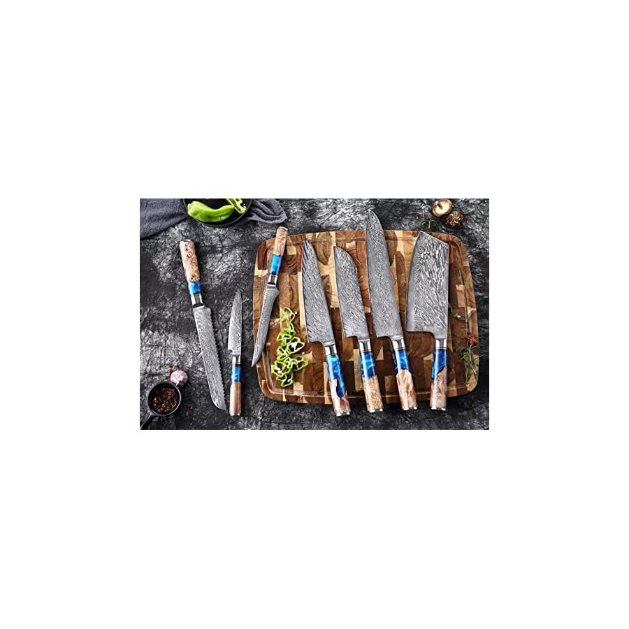 The-Epicurean-Cook-8-PC-Professional-Knife-Set-with-Burl-Wood-Resin-Handles-Blue-Resin-Handle Epicurean Cook Tidal Collection 8 PCS Damascus Knife Set Japanese Kitchen Knives with VG10 Steel Core Ultra-Sharp Professional Chef Knife Set with Elegant Box and Blue Resin and Burl Wood Handles