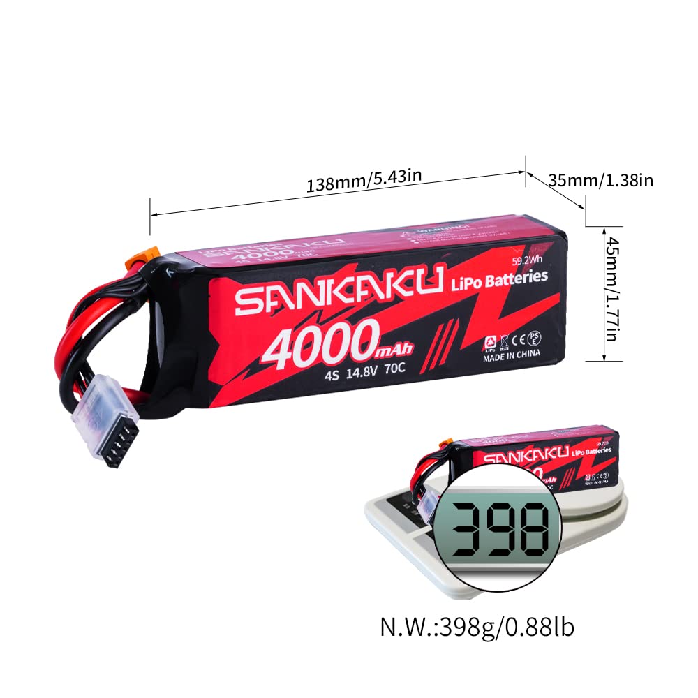 SANKAKU 4000mAh 4S 70C 14,8V – Batterie LiPo Rigide Avec Connecteur XT60 – Pour RC, Bateaux, Drones, Voitures Et Camions