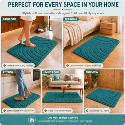 Image of Premium Memory Foam Bath Mat | 40x60cm Super Absorbent Velvet Bathroom Rug | Non-Slip Machine Washable Floor Mat (Teal Blue)