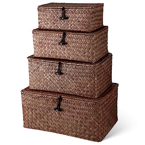 Woanger-Set-of-4-Seagrass-Storage-Bins-with-Lid-Wicker-Storage-Baskets-Organizer-for-Organizing-Woven-Bins-Home-Utility-Box-for-Home-Office-SuppliesCoffee Woanger Set of 4 Seagrass Storage Bins with Lid Wicker Storage Baskets Organizer for Organizing Woven Bins Home Utility Box for Home Office SuppliesCoffee