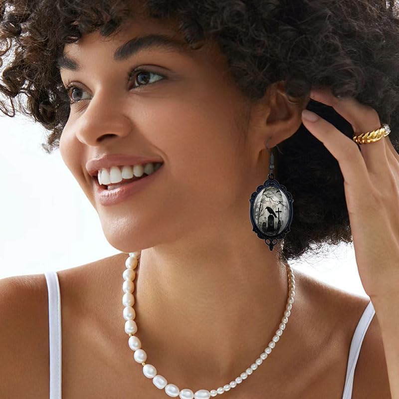 coadipress Goth Raven Cameo Earrings Necklace Set for Women Vintage Gothic Crow Cross Raven Pendant Necklace and Earrings Halloween Witch Costume Accessories Jewelry Gift - Image 5