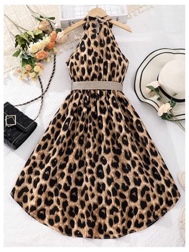 SweatyRocks Girl's Leopard Print Halter Neck Sleeveless Midi Dress A Line Dresses with Belt2