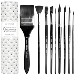 ARTEGRIA Watercolor Brush Set, 9 Professional Soft Synthetic Squirrel Paint Brushes, Including Round Detailers, Flat Wash, Rigger, Rake, Fan, Angled Shader