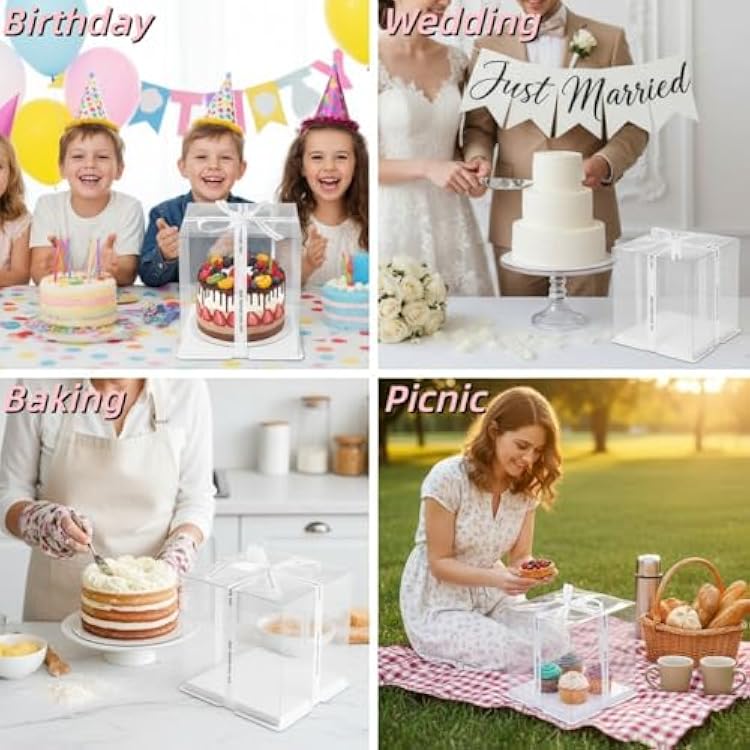 Cididu 6 Pcs Clear Cake Box with Ribbon 2-Layer 10x10x10 Inch, Transparent Cake Carrier Box with Lids, PET Tall Cake Packaging Boxes, Clear Gift Boxes for Mother's Day Birthday Wedding Festival Party