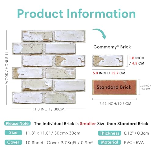 Commomy 10 Pcs 3D Brick Peel and Stick - 11.8"X11.8" Small Size Thin PVC Warm Whitewash Faux Brick Wall Panels for Kitchen Backsplash, Fireplace, Living Room, Interior Wall Tiles by Commomy - Used condition - Image 5