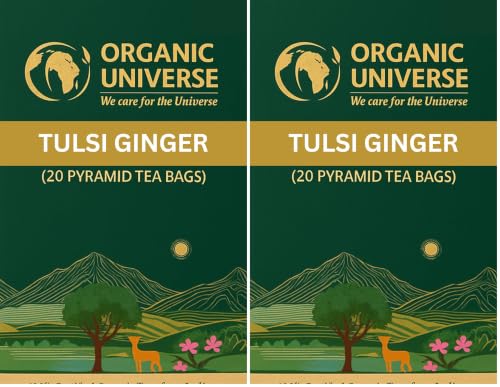 Image of ORGANIC UNIVERSE Premium Tulsi & Ginger Tea I Whole Leaf Tea | 20 Pyramid Herbal Tea Bags | Caffeine Free | 100% Organic Ingredients (Pack of 2)