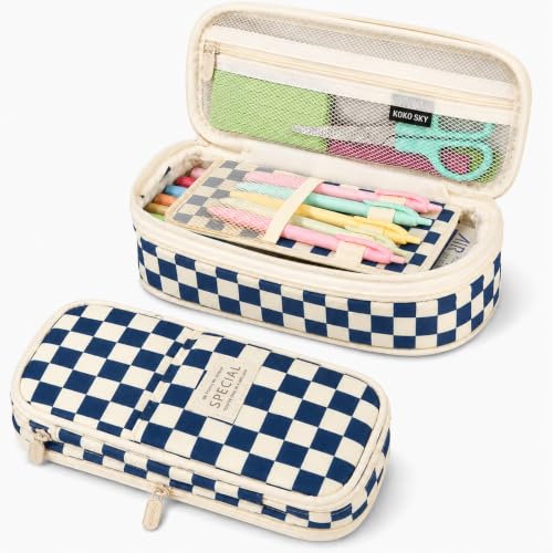 Image of Pencil Case, Large Capacity Aesthetic Pencil Cases with Durable Zipper, Big Stationery Pencil Pouch for Women & Men, Adults Portable Storage Organizer Bag for College, office, Travel (Blue Grid)
