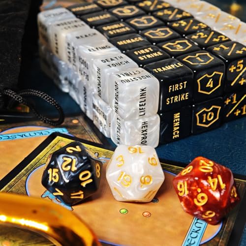 ZEOXUER 63 Stück MTG Würfel Zähler - AbilityKeyword Zähler, -1/+1 Lebenszähler, Schild Lebenszähler, D6 Würfel, Kompatibel mit MTG, Kartenspiel Zubehör (Inklusive Schwarzer Tasche)