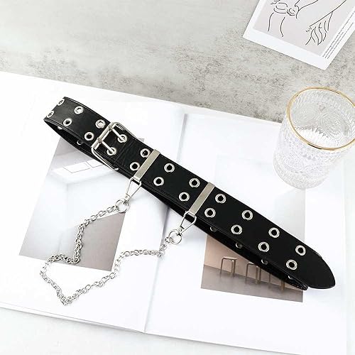 Leadigol Double Grommet Leather Belt with Chain, Punk Black Belt Waist Belt Long Pin Buckle Belt for Women Men Jeans(black)4