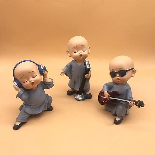 Miniatura 4 de Kingzhuo Estatua de Buda del bebé, estatua de monje de Buda, mini estatua de Buda feliz, juego de tres estantes, mesa de escritorio, decoración de