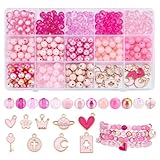 Kit de perles roses et breloques roses:le paquet comprend 325 perle acrylique ronde et 18 breloques en métal rose, totalement 343 pièces dans le paquet. Les perles et breloques artisanales sont principalement de couleur rose, romantique et élégant, parfait pour la fabrication de bijoux et d'objets artisanaux