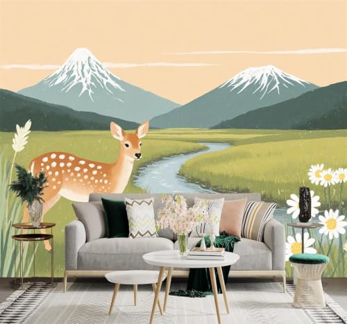 XLMING Río Pradera Ciervo Montaña Nevada Flores Silvestres 3D Papel Pintado Pared Premium Textura Seda Estudio Comedor Vinilos Dormitorio Sofás TV Cocina-350cm×256cm