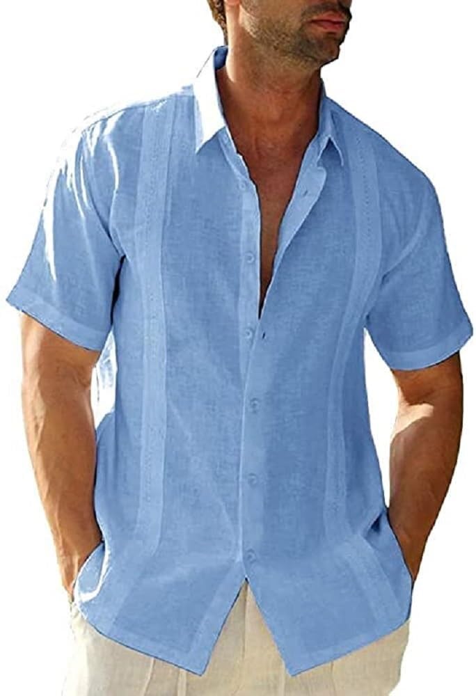 Glacspyg Camisa Lino Hombres Verano Manga Corta Guayabera Camisa Lino Trabajo Camisa Casual Ajuste Casual Vacaciones