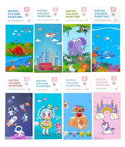 Image of GLUN Pack of 4, Watercolour Painting Notepad for Kids 12 Different Pages Each Book, Water Painting Book with Water Colour with Painting Brush, Different Theme
