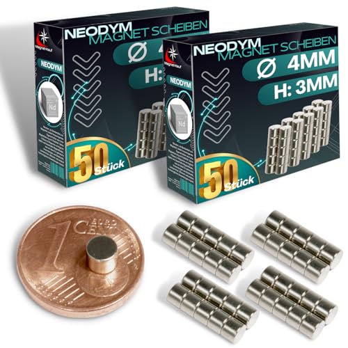 Lot de 100 aimants en néodyme N52 490 g – Cylindre magnétique 4 mm de diamètre – 4 x 3 mm