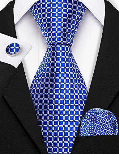 Image of Barry.Wang Plaid Ties for Men Silk Necktie Handkerchief Cuff Links Set