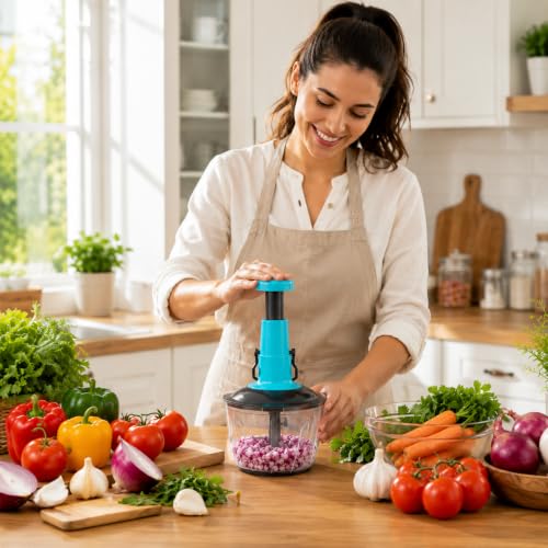 Image of Manual Push Food Chopper 600ml Vegetable Cutter with Stainless Steel Blades, BPA-Free Bowl, Hand Press Onion Chopper, Garlic Mincer, Fruit & Vegetable Dicer, Kitchen Food Processor
