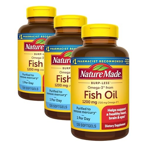 Image of Nature Made Burp-Less Fish Oil 1200 mg One Per Day, 120 Softgels, Fish Oil Omega 3 Supplement for Heart Health (Pack of 3)