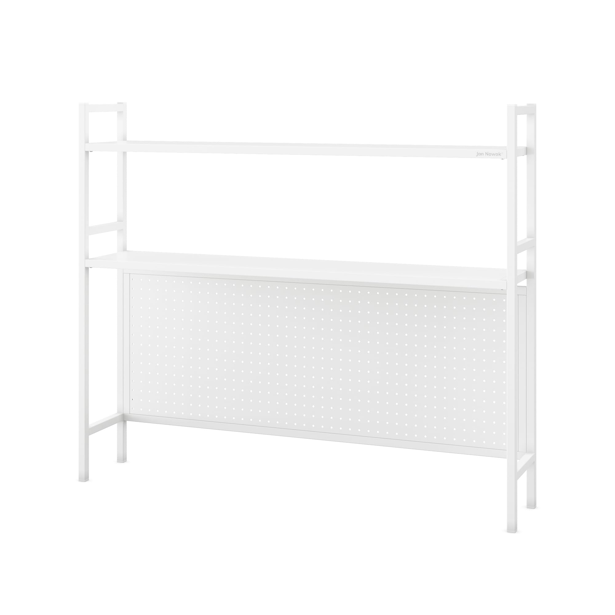 Jan Nowak Bücherregal für den Schreibtisch - Wendy | Schreibtischregal Metall mit 2 Regalböden, Lochplatte | Aufsatzregal Ideal für Büros und Kleine Räume | 115 x 98 x 22 cm | Weiß