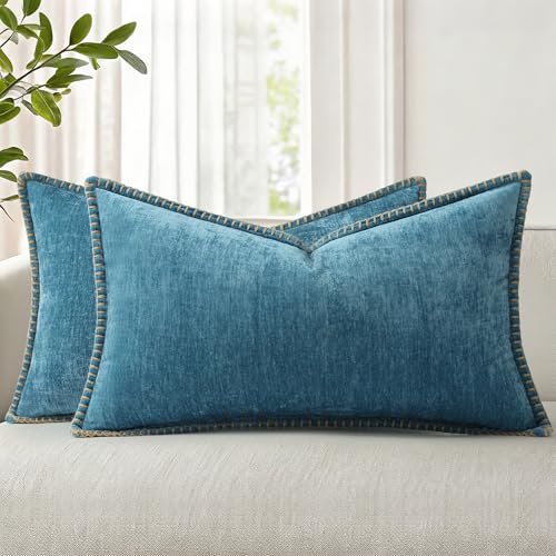 Image of decorUhome Fall Chenille Soft Cozy Throw Pillow Covers 12x20 Set of 2, Modern Farmhouse Boho Velvet Decorative Pillow Cases with Stitched Edge for Couch Sofa Bed Home Decor, Teal