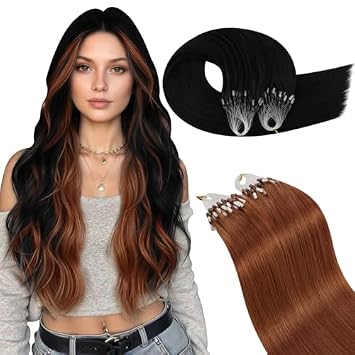 Ugeat Microlink Hair Extensions Black 18 Inch and Micro Loop Hair Extensions Real Human Copper 16 Inch for Christmas 50Gram Per Pack