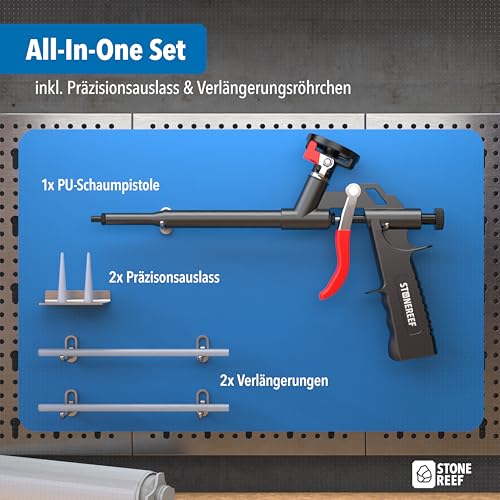 PU Schaumpistole - Teflonbeschichtete Dosierpistole aus Metall | Ergonomischer Griff für Präzises Auftragen von Bauschaum und Montageschaum | Profi-Werkzeug für Abdichten, Füllen und Dämmen