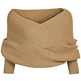 Women’s Fall Fashion Long Sleeve Off Shoulder V Neck Asymmetric Hem Knit Cropped Sweater Top (Khaki,Medium,Medium)