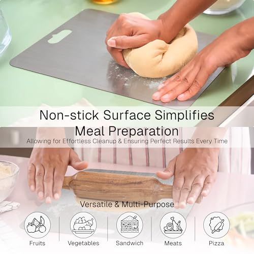 Image of HomeBasic Steel Chopping Board 36 x 25 cm | Food Grade 304 Stainless Steel, Double-Sided, Dishwasher Safe | Metal Cutting Board for Vegetables, Meat & Fish | Non-Porous, Rust Proof, Portable Handle