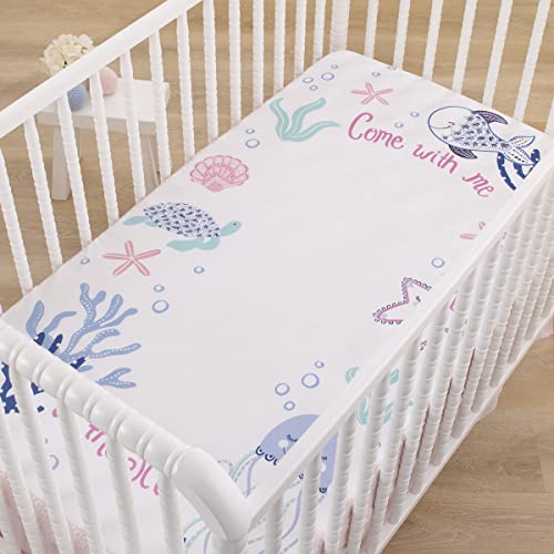Image of NoJo Mermaid Lagoon Pink, Blue, and White Come with me to the Sea 100% Cotton Photo Op Fitted Crib Sheet