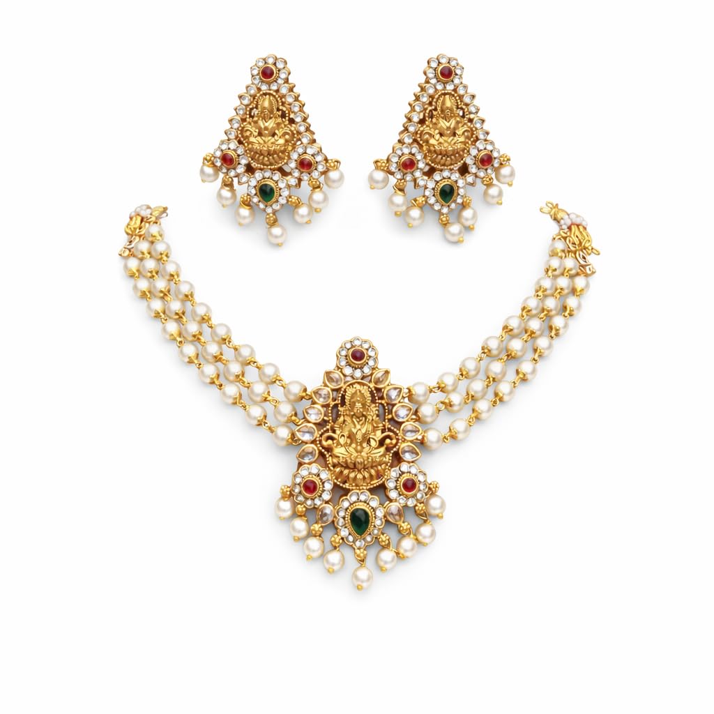 Gold Plated Lakshmi Temple Pearl Choker Necklace Set for Women with Triple Layer Chain & Matching Earrings | Traditional Bridal Jewellery